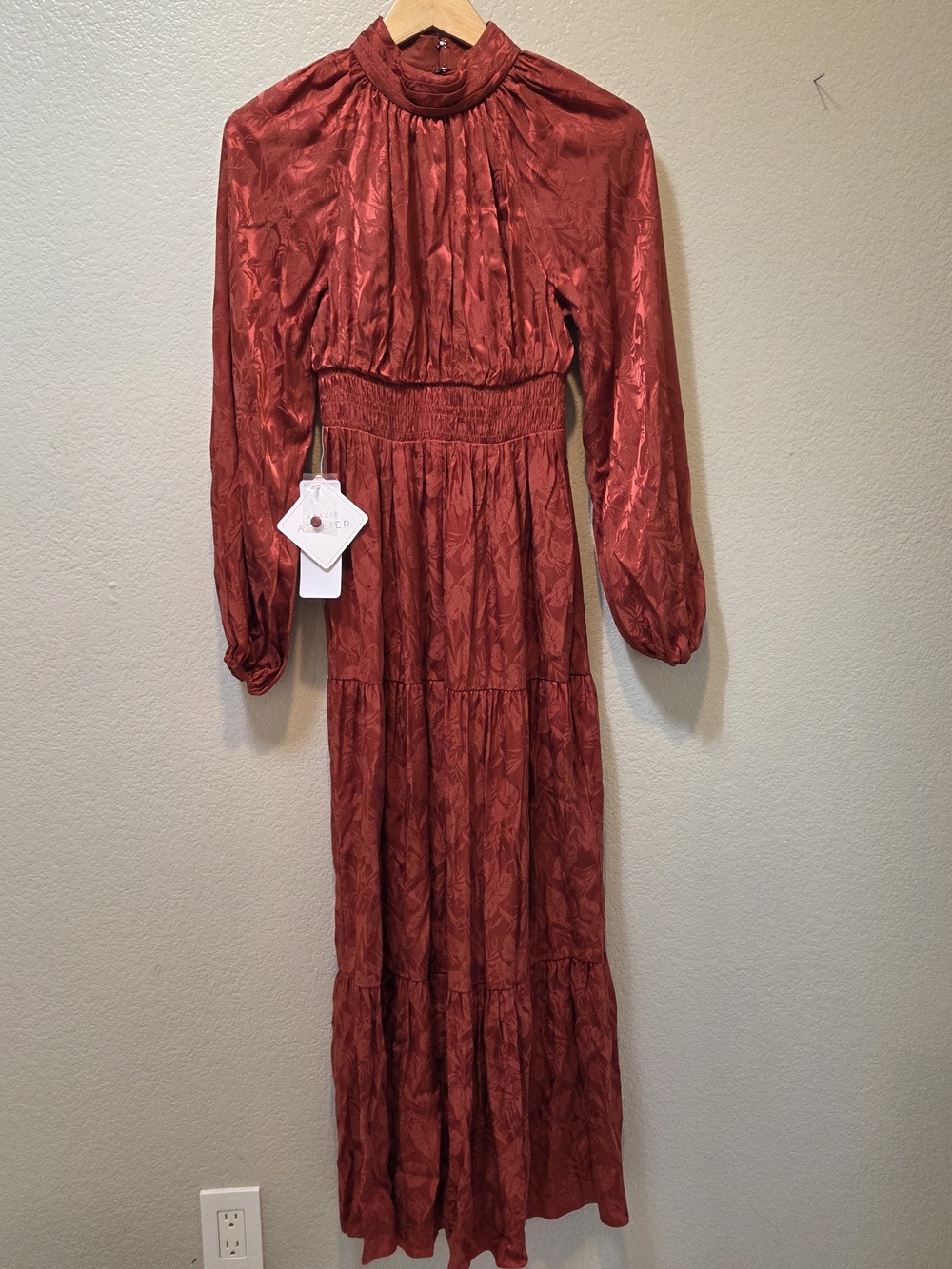 Azazie Atelier Brianna Rust Silky Jacquard Maxi Dress